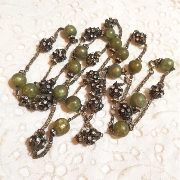 Antique Jewelry - ANTIQUE 60" long flapper crackle glass rhinestone necklace